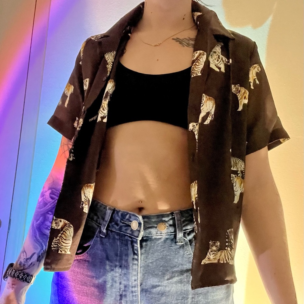 brown tiger button up shirt